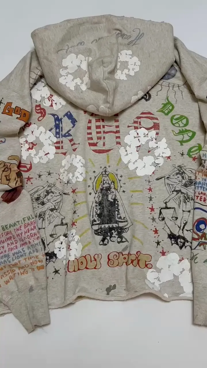DENIM TEARS × ©SAINT M×××××× "SAINT TEARS" Graffiti Hoodie Joint Model Cotton Graffiti Hoodie Fully Printed Washed Distressed Holes Vintage Sweatshirt Gray S-XL Super Heavy Duty! The whole piece is printed with 35 screens and counterpoint printing!